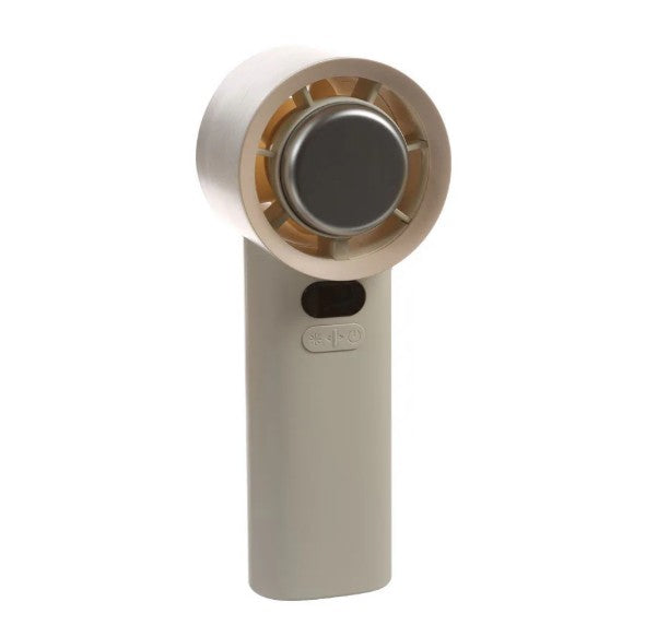 The Fashionit Event Ivory Handheld Fan with Cooling Plate is a portable bladeless fan featuring a circular top, a beige body, two front buttons for power and speed control, and an integrated cooling plate for enhanced refreshment.