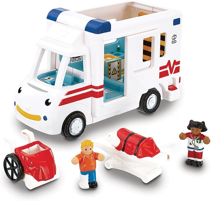 The Robins Medical Rescue by Smart Toys includes a toy ambulance with a smiling face, two figures, a wheelchair, stretcher with red blanket, and medical accessories—perfect for children’s imaginative play.