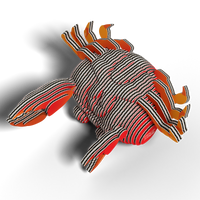 The EUGY Crab 3D Puzzle by Eugy features a stylized crab design crafted from layered, striped materials in black, white, orange, and red. Reminiscent of a STEM craft kit, this playful sculpture casts an eye-catching shadow on a white surface.