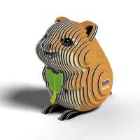 The EUGY Quokka 3D Puzzle by Eugy is an eco-friendly model featuring an orange and tan quokka with black eyes, holding a green leaf. Its body is crafted from stacked, curved segments for a striped, wood-like appearance, and the side is labeled "Quokka.