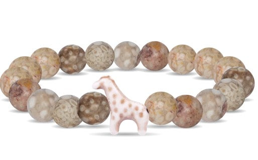 The Trek - Moon Giraffe bracelet by fahlo features earth-toned stone beads and a ceramic giraffe charm—an ideal accessory for giraffe lovers and conservation supporters.