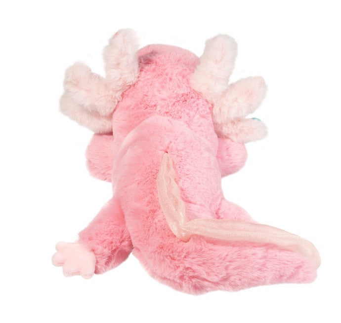 The Douglas Jazzie Axolotl plush is shown from the back, displaying fluffy gills, a long tail, and a soft fuzzy texture. This cute aquatic stuffed animal is set against a white background.