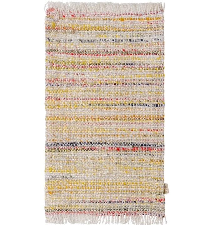 The Maileg Rug, Miniature, Large - Multi stripe by Maileg features a handwoven rectangular design with horizontal stripes in yellow, white, and touches of red and black. With its textured surface and fringed edges at the top and bottom, it’s the perfect miniature rug for a Maileg dollhouse.