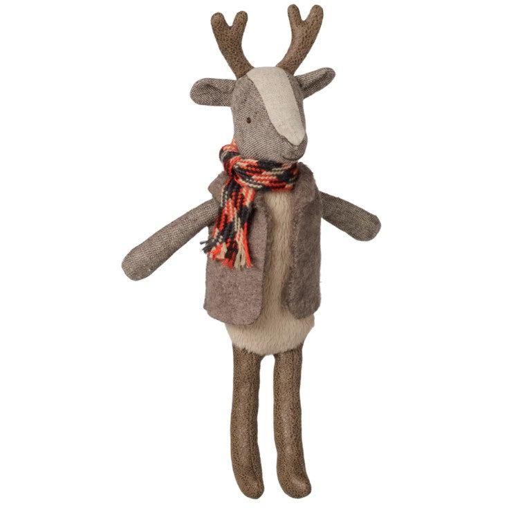 Maileg Reindeer, Father by Maileg—a charming stuffed reindeer toy with brown antlers, dressed in a gray vest and a red, black, and white plaid scarf, standing upright against a white background. Perfect for imaginative play as Father Reindeer in your Maileg holiday collection.