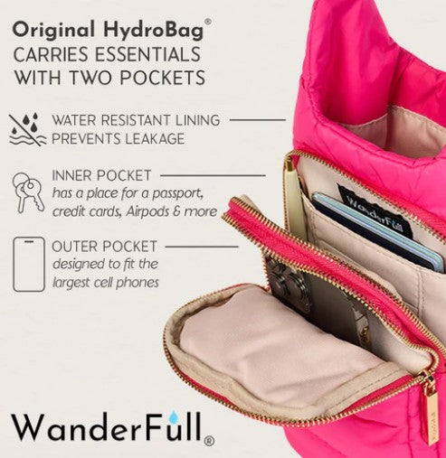Showcasing the HydroBag Handle Pink by Wander Full Brand, this stylish bag features two open pockets displaying a passport, cards, and phone inside. Text highlights include a water-resistant lining, an inner pocket designed for valuables, and an outer pocket fitting large cell phones. The sturdy handle ensures comfortable everyday carrying. The Wander Full Brand logo is positioned at the bottom of the bag.