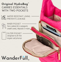 Showcasing the HydroBag Handle Pink by Wander Full Brand, this stylish bag features two open pockets displaying a passport, cards, and phone inside. Text highlights include a water-resistant lining, an inner pocket designed for valuables, and an outer pocket fitting large cell phones. The sturdy handle ensures comfortable everyday carrying. The Wander Full Brand logo is positioned at the bottom of the bag.