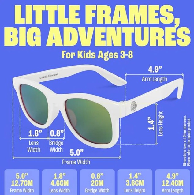 The Baby Sunnies White Kids Polarized Sunglasses are shown, featuring green reflective lenses and UV400 protection for children ages 3-8. The measurements are as follows: frame width 5.0, lens width 1.8, lens height 1.4, bridge width 0.8, and arm length 4.9 inches.