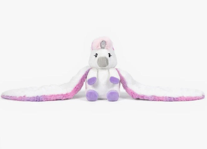 Hugimals World’s Hugarounds Echo the Unicorn is a weighted plush toy with closed eyes, purple hooves, a small horn, and extra-long white wings edged in pink and purple—offering sensory comfort as its wings spread wide.