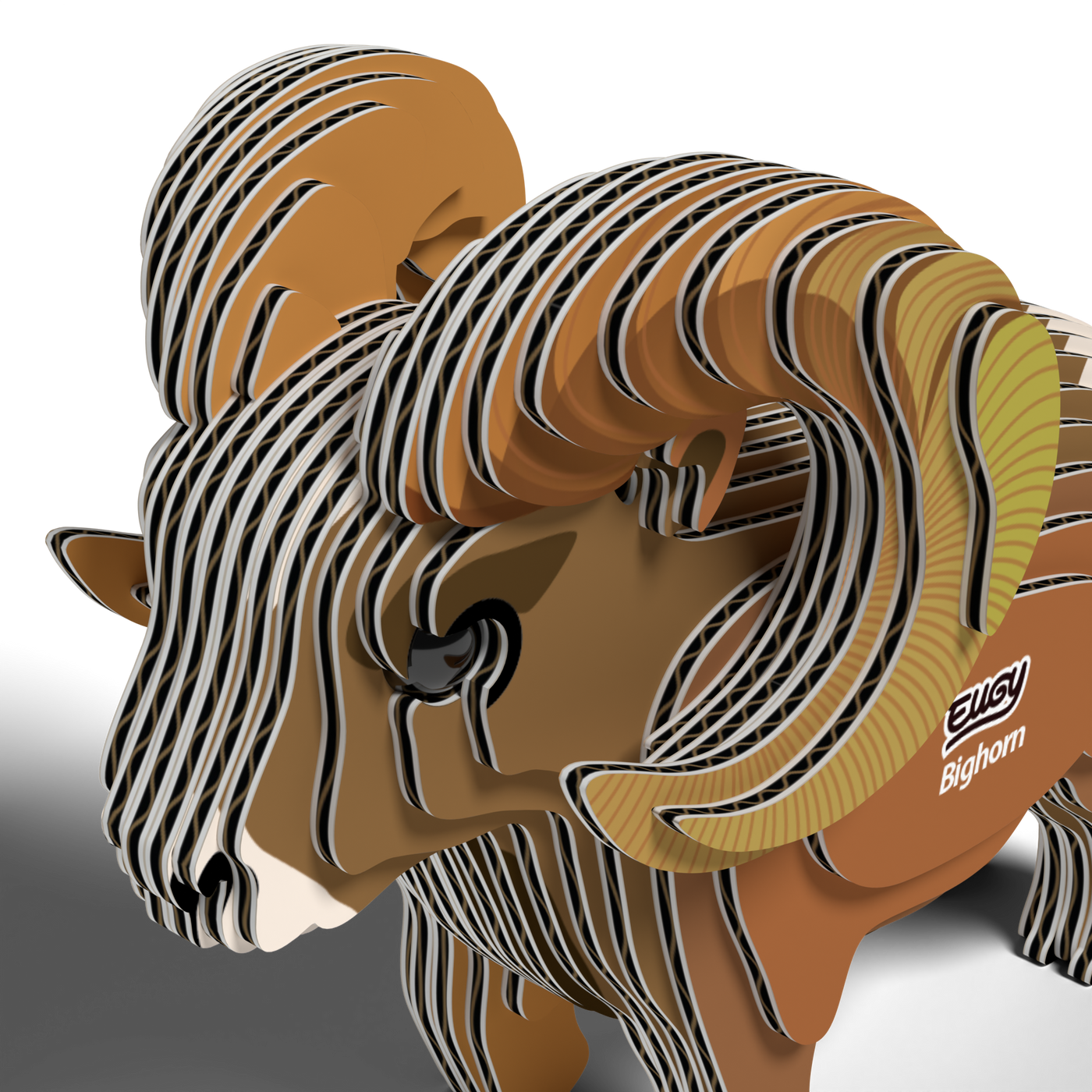 A stylized illustration of a bighorn sheep features layered, curved lines forming its horns and face, echoing the intricate assembly of the EUGY Bighorn 3D Puzzle by Eugy. Rendered in shades of brown, black, and white, the design displays the word "Bighorn" and a Eugy logo on the right horn—making it an ideal inspiration for an eco-friendly toy or an engaging STEM craft project.