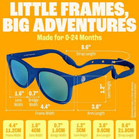 Navy Blue Baby Polarized Sunglasses Strap UV Protection by Baby Sunnies shown on a yellow background, with measurements for lens width, bridge width, frame width, lens height, strap length, and arm length displayed. Designed for ages 0-24 months, these sunglasses protect your baby’s eyes with UV protection. Text reads: Little Frames, Big Adventures.