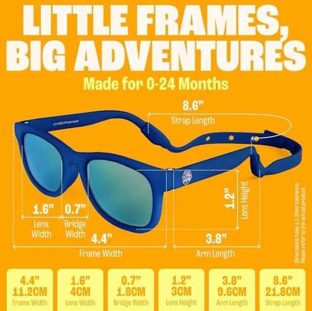 Navy Blue Baby Polarized Sunglasses Strap UV Protection by Baby Sunnies shown on a yellow background, with measurements for lens width, bridge width, frame width, lens height, strap length, and arm length displayed. Designed for ages 0-24 months, these sunglasses protect your baby’s eyes with UV protection. Text reads: Little Frames, Big Adventures.