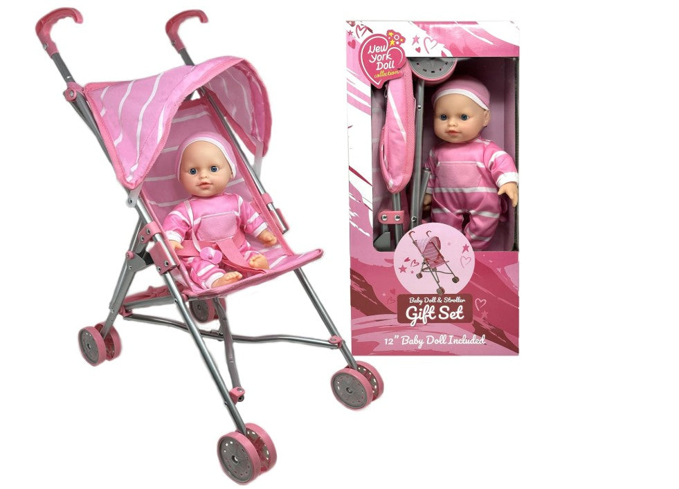 Single Stroller (Pink/White Stripes) with Doll |  | Safari Ltd®