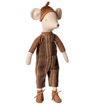 The Maileg Mouse, Medium – Overall and sweater by Maileg features a charming mouse dressed in cozy overalls and a sweater, standing upright against a white background—perfect for inspiring imaginative storytelling.