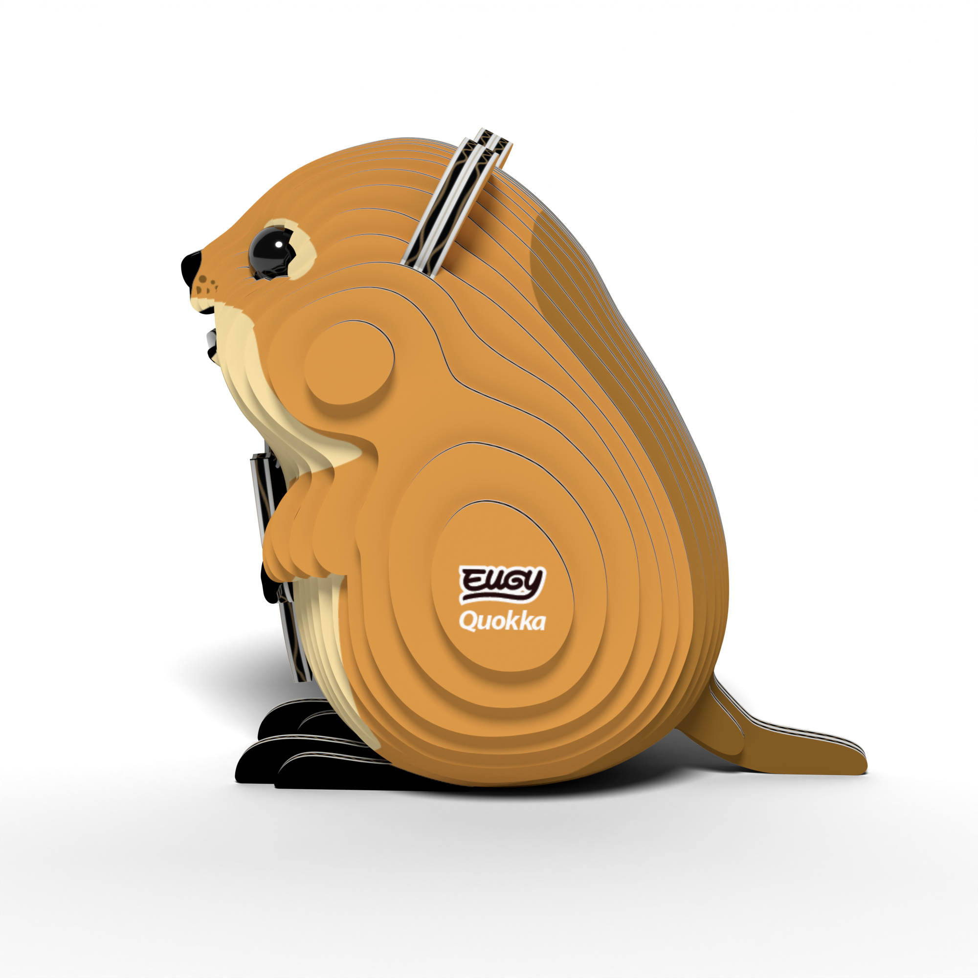 A layered cardboard model called the EUGY Quokka 3D Puzzle by Eugy, featuring a round body design in beige and brown tones with black eyes and “EUGY Quokka” labeled on its side, is displayed against a plain white background. This eco-friendly puzzle provides a fun and educational activity to assemble your own adorable quokka while promoting STEM learning.
