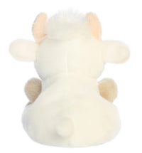 The 5" Halleigh Highland Cow from Aurora is a plush toy shaped like a white Highland cow, shown from the back and featuring small ears, stubby horns, a short tail, and beige hooves—making it an adorable collectible toy for fans of stuffed animals.