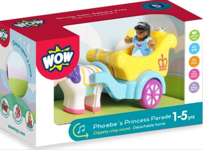Phoebes Princess Parade by Smart Toys is a play set for ages 1-5, featuring a princess in a blue dress on a yellow and blue carriage pulled by a white horse—great for imaginative role-play.