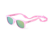 Baby Sunnies Barbie Pink Baby Polarized Sunglasses feature green reflective lenses and an adjustable pink strap attached to the arms, showcased against a white background. These UV-protection sunglasses keep your little one's eyes safe in style.