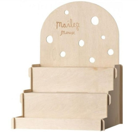 The Maileg Mouse Display - Wood by Maileg features two tiers and a rounded, cheese-hole back panel engraved with "Maileg mouse"—ideal for displaying your favorite Maileg mice accessories.