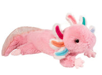 The Douglas Jazzie Axolotl plush features soft fur, vibrant fuzzy gills in pink, white, blue, and orange, wide eyes, and a shimmery tail—an adorable aquatic stuffed animal perfect for cuddles.