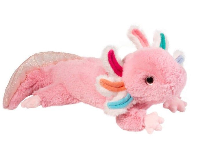 The Douglas Jazzie Axolotl plush features soft fur, vibrant fuzzy gills in pink, white, blue, and orange, wide eyes, and a shimmery tail—an adorable aquatic stuffed animal perfect for cuddles.