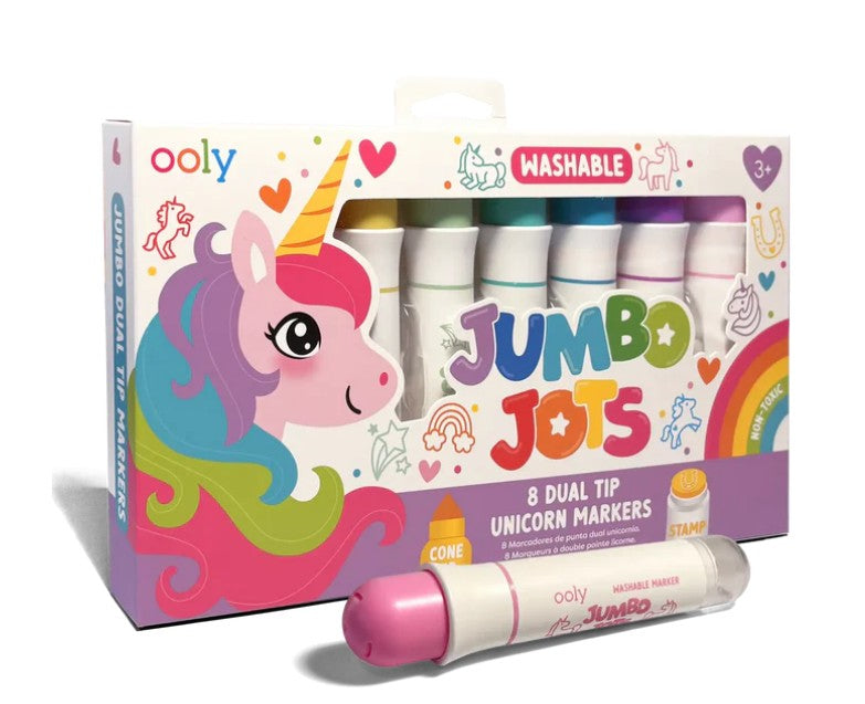 A vibrant box labeled "Jumbo Jots: Dual Tip Cone & Stamp Markers - Unicorn" by Ooly features a unicorn design and includes 8 dual tip washable markers, ideal for children ages 3 and up. A pink marker is displayed in front—an excellent addition to any creative art set.