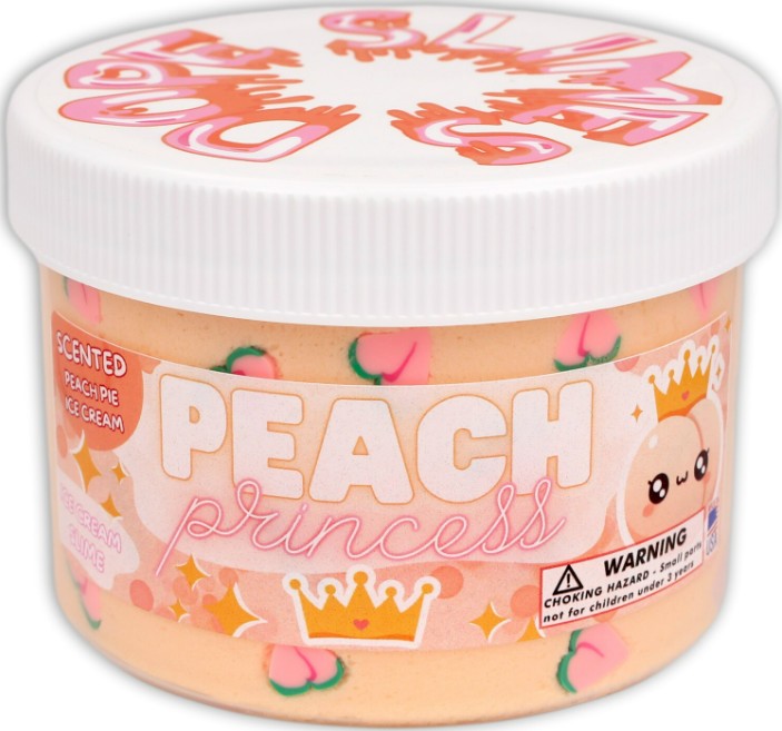 The Dope Slime Peach Princess by Dope Slime is a peach-colored, peach pie-scented premium slime designed for stress relief and sensory play. It comes in a plastic container adorned with peach and crown illustrations, along with a warning label regarding small parts.