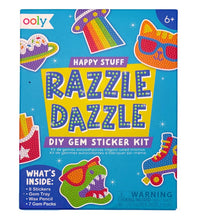 The Mini Razzle Dazzle: D.I.Y. Gem Sticker Kit - Happy by Ooly features a vibrant box filled with creative sticker designs such as a cat, rainbow, roller skate, heart, and dinosaur—all ready to be decorated with colorful gem stickers. Perfect for kids ages 6 and up, this craft kit includes stickers, a gem tray, wax pencil, and assorted packs of sparkling gems.