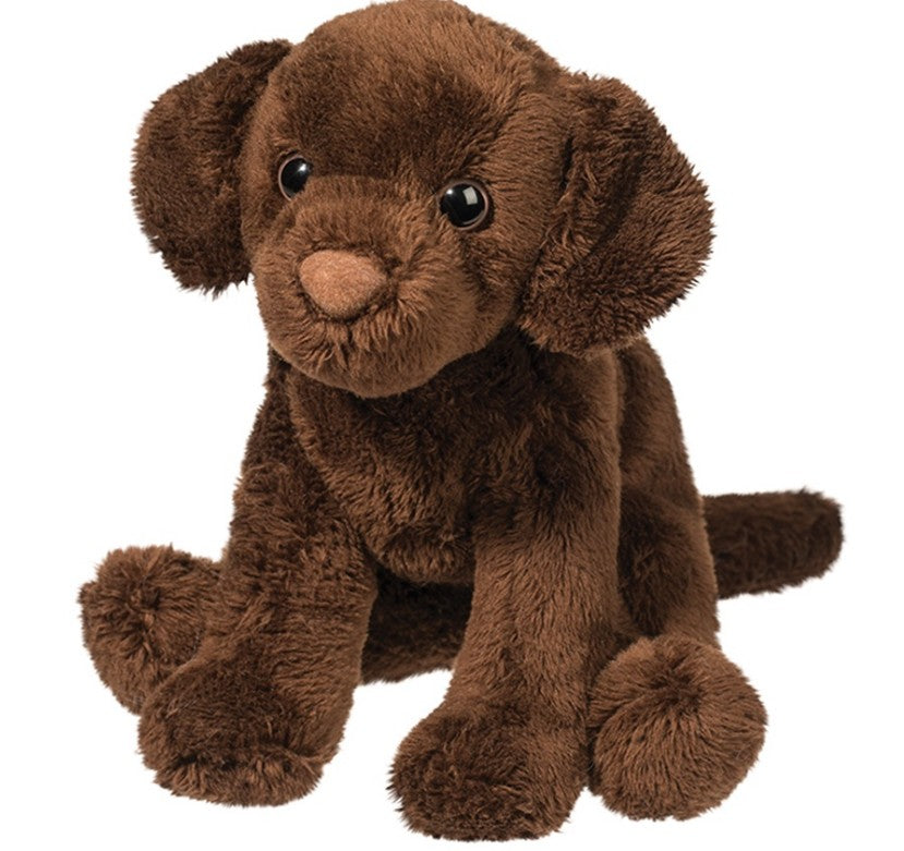The Douglas Finn Chocolate Lab is a plush toy with soft, dark brown fur, floppy ears, black button eyes, and a round nose. This plush sits upright with its front paws forward.