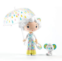 Add a touch of whimsy to your collection with the DJECO Tinyly Prunelle & Blanca set. This delightful figurine from DJECO features Prunelle, a charming doll with white hair holding a white umbrella adorned with colorful raindrops and dressed in vibrant, rainbow-themed clothes. She is accompanied by her adorable companion, Blanca—a petite gray koala with rainbow-colored ears—making this collectible duo an enchanting addition to any Tinyly assortment.