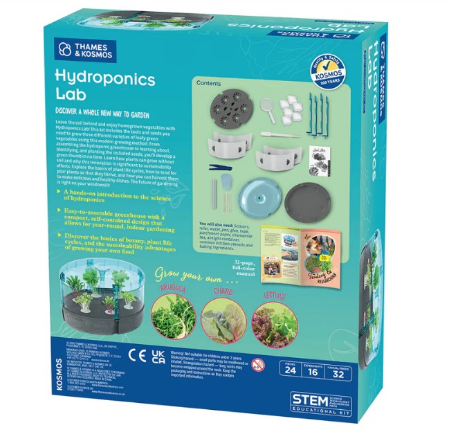 Back of a Thames & Kosmos Hydroponics Lab kit box displaying the kit’s contents, clear instructions, photos of plants grown with hydroponics, informative diagrams, and detailed product information. The text explains how to use the Hydroponics Lab STEM kit to grow plants without soil. Images of various components are included to help you discover the fascinating world of hydroponic gardening.