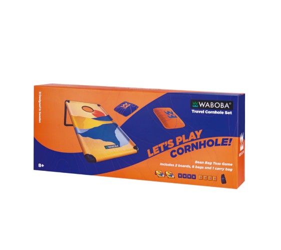 Box of Waboba Corn Hole Travel Set by Waboba, showcasing portable cornhole boards and bean bags against an orange and blue background. The text says LET'S PLAY CORNHOLE! and highlights the included items in this entertaining travel game set.