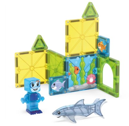 Create vibrant underwater scenes with the Magna-Tiles Shark Dive 13-Piece Set. This creative set from Magna-Tiles features colorful yellow and green magnetic building tiles, an archway, a blue figure, a toy shark, and fish graphics printed on the tiles—all designed to inspire imaginative aquarium adventures.