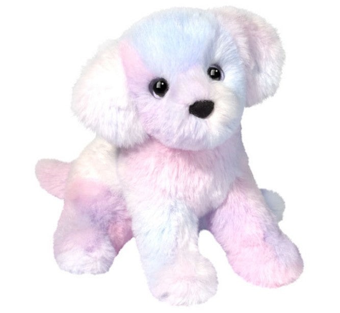 Douglas’s Taffie Rainbow Dog Soft is a plush dog with pastel pink, purple, and blue fur, large black eyes, a black nose, floppy ears, and sits upright with a friendly look.