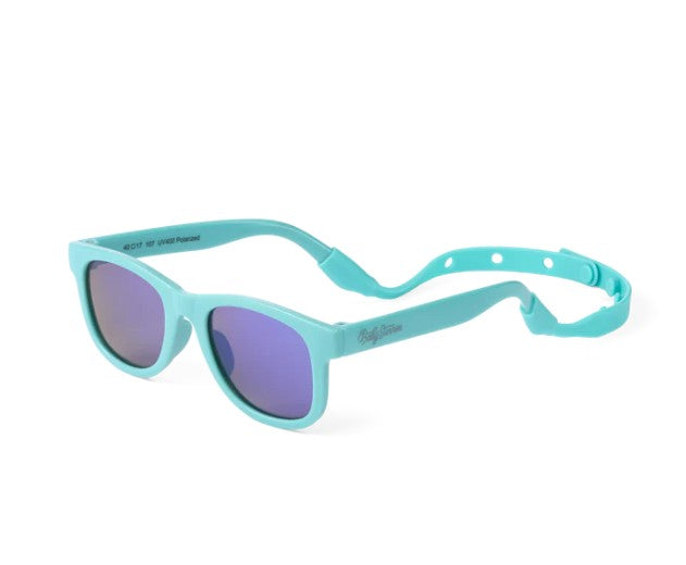 Baby Sunnies Sky Blue Kids Polarized Sunglasses, designed for ages 3-8, feature purple reflective lenses with UV400 protection and an attached adjustable matching strap, shown on a white background.