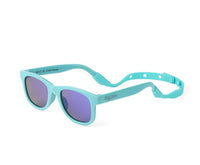 Baby Sunnies Sky Blue Kids Polarized Sunglasses, designed for ages 3-8, feature purple reflective lenses with UV400 protection and an attached adjustable matching strap, shown on a white background.