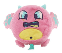 Introducing the Scentco 10" Fart Monsters: Squeeky (Bubblegum Scent)—a round, pink plush monster with teal horns, wings, and tail. This cuddly toy features big embroidered eyes, a surprised mouth with yellow teeth, and a cheerful yellow belly. With its soft, fuzzy texture and whimsical design, it's bursting with playful charm—plus it smells like bubblegum!.