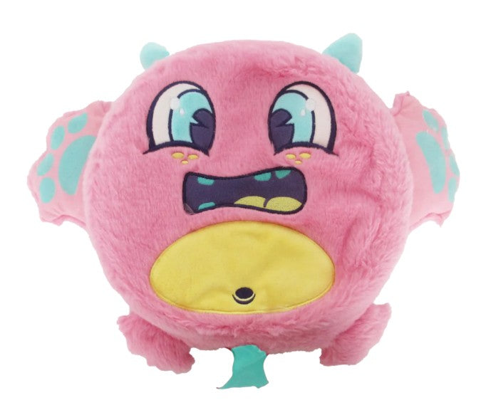 Introducing the Scentco 10" Fart Monsters: Squeeky (Bubblegum Scent)—a round, pink plush monster with teal horns, wings, and tail. This cuddly toy features big embroidered eyes, a surprised mouth with yellow teeth, and a cheerful yellow belly. With its soft, fuzzy texture and whimsical design, it's bursting with playful charm—plus it smells like bubblegum!.
