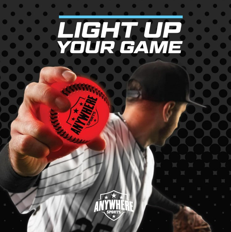 A baseball player wearing a black cap and striped jersey holds the glowing red Pro Glow Light-Up Baseball from Thin Air Brand, LLC, as the slogan “LIGHT UP YOUR GAME” appears above. The scene is set against a black dotted background.