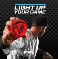 A baseball player wearing a black cap and striped jersey holds the glowing red Pro Glow Light-Up Baseball from Thin Air Brand, LLC, as the slogan “LIGHT UP YOUR GAME” appears above. The scene is set against a black dotted background.