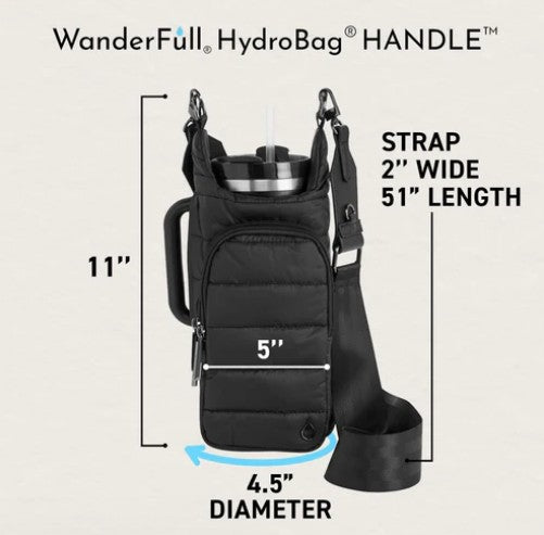Wander Full Brand HydroBag Handle Black features a durable handle, 11-inch height, 4.5-inch diameter, front pocket, and a 2-inch-wide adjustable strap measuring up to 51 inches long. The bag fits a large drink tumbler, with measurements and labels clearly shown.