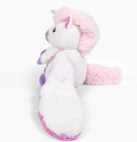Hugarounds Echo the Unicorn by Hugimals World is a weighted plush with a white body, pink mane and tail, purple hooves, and silver horn, shown sitting sideways on a white surface for sensory comfort.