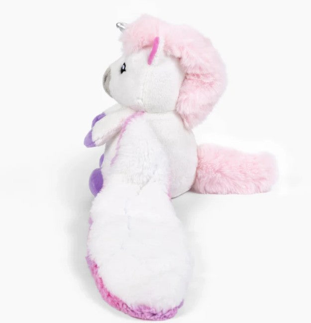 Hugarounds Echo the Unicorn by Hugimals World is a weighted plush with a white body, pink mane and tail, purple hooves, and silver horn, shown sitting sideways on a white surface for sensory comfort.