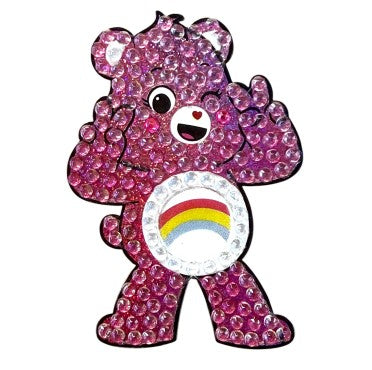 Meet the StickerBean Cheer Bear sticker from StickerBean—a sparkly, pink bear cartoon featuring a cheerful smile, a rainbow on its belly, and making a peace sign with both hands. Embellished with shiny, gem-like decorations, this adorable sticker is perfect for adding fun flair to your stationery collection or for brightening up notebooks and planners.
