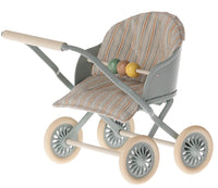 The Maileg Stroller, Baby Mouse - Blue by Maileg is a small stroller with four white wheels, a striped seat, grey frame and handlebar, plus three colorful beads on a wooden rod for added play value.