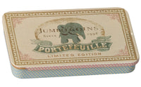 The Maileg Metal Box with sliding lid – Jumbo Coins – Blue is a rectangular tin storage box from Maileg, featuring an elephant illustration, decorative border, and the words “JUMBO COINS,” “PORTEFEUILLE,” and “LIMITED EDITION” printed on the lid. This decorative metal box brings both charm and practical organization to any space.