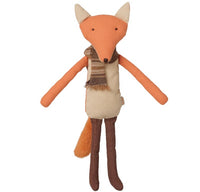 Maileg Fox, Big Brother by Maileg features an orange head and arms, a beige body, brown legs, and a brown striped scarf around its neck. This charming fox has a small orange tail with simple black eyes and nose—perfect for imaginative play or as a delightful addition to your Maileg collection.
