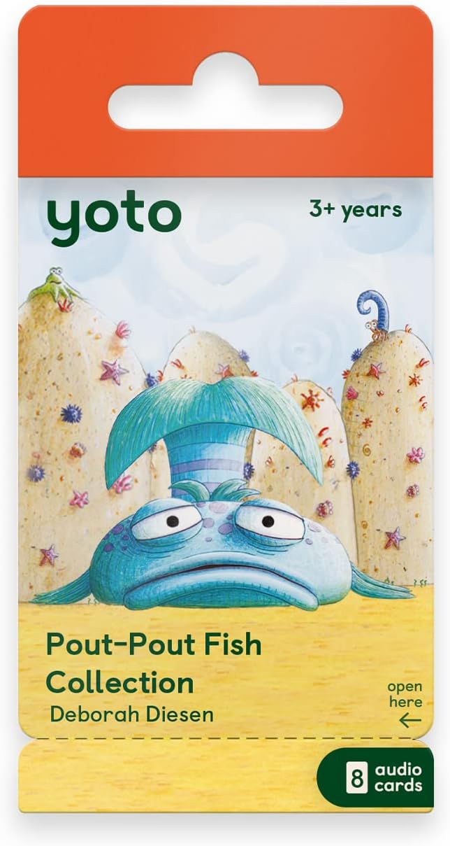 Yoto The Pout-Pout Fish Collection is a children's audio card for ages 3+, featuring stories by Deborah Diesen. The cover displays a blue fish with big lips in a sandy, whimsical underwater scene. Brand: Yoto.