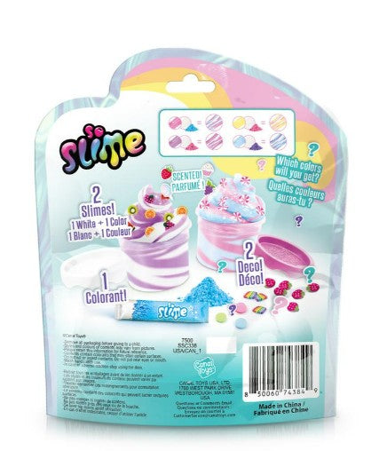 Back of the License 2 Play So Slime Sweet Swirl Blind Bag package shown, featuring two containers with vibrant slime creations and decorative add-ins, step-by-step instructions, included contents, and product details in both English and French. Offers a surprise So Slime experience!.
