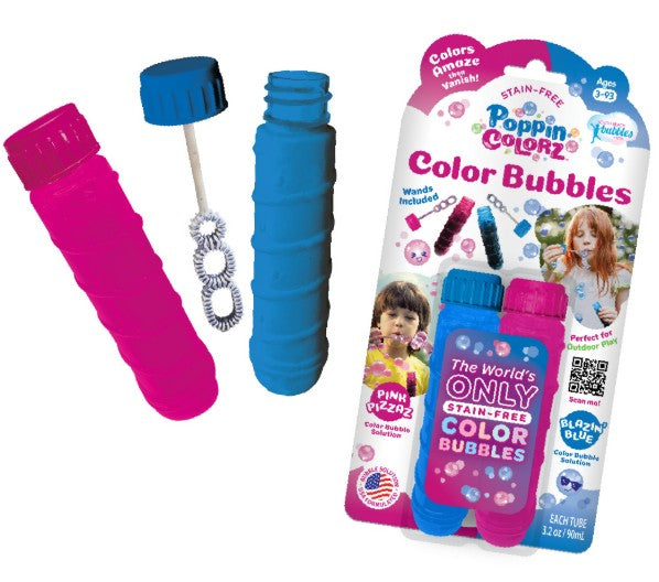 The South Beach Bubbles PoppinColorz 2-pack Color Tubes includes pink and blue stain-free color bubbles with wands, perfect for outdoor play. Packaging features happy kids enjoying the colorful fun.