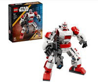 LEGO 75448 Clone Shock Trooper™ Mech by LEGO, a set inspired by the Clone Wars, features a white, red, and gray armored Clone Shock Trooper Mech with a blaster posed in front of its box. This buildable set includes 151 pieces and is recommended for ages 6 and up.